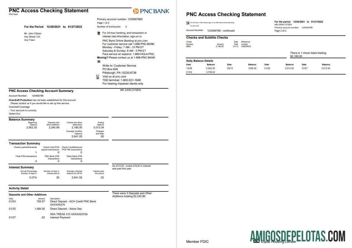 Modelo realista de extrato bancário PNC dos EUA em formato Word e PDF, 2 páginas